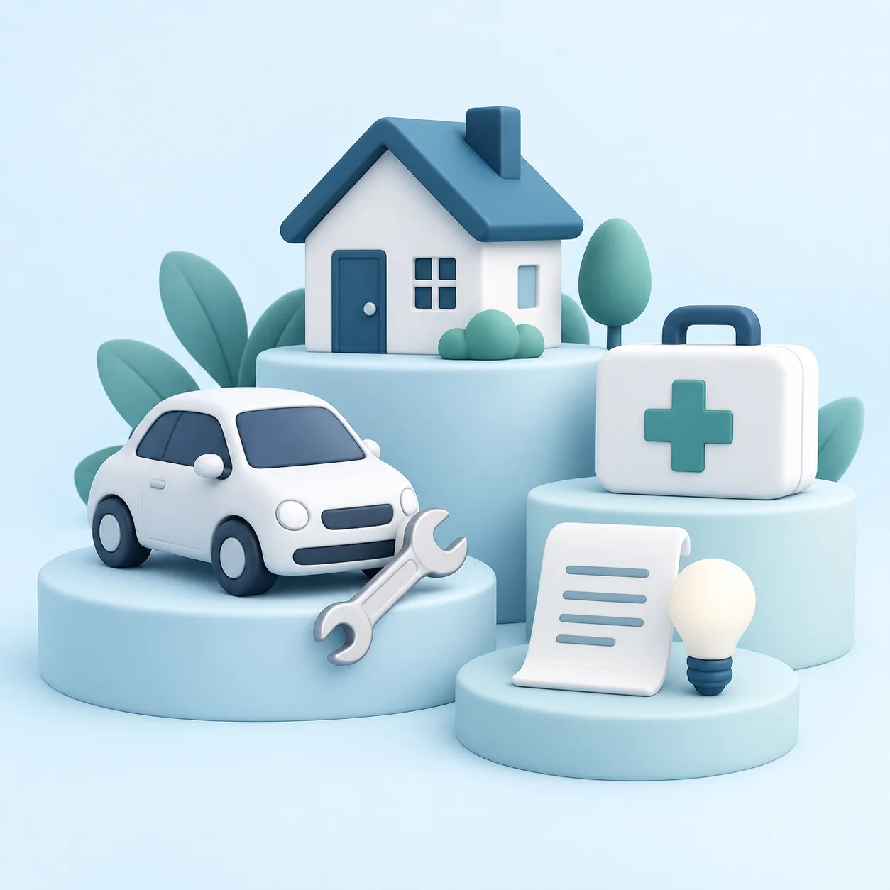 Illustration of a home, car and wrench, medical kit, and utility bill representing common loan uses