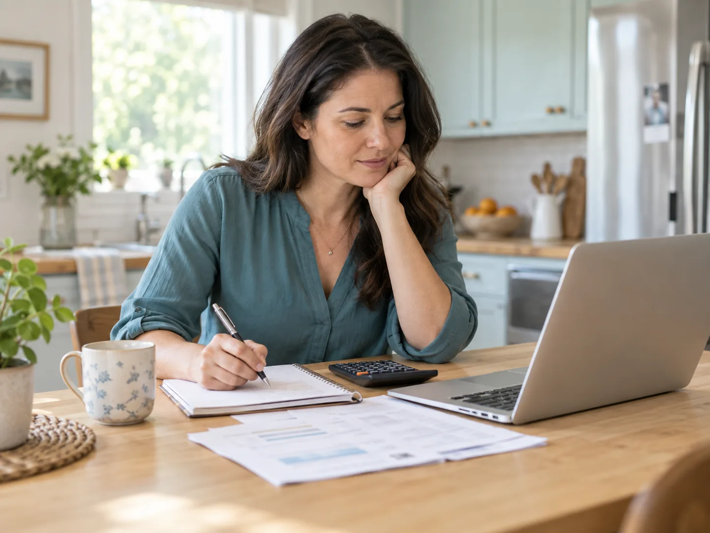 Woman reviewing a household budget with a notebook, calculator, and laptop