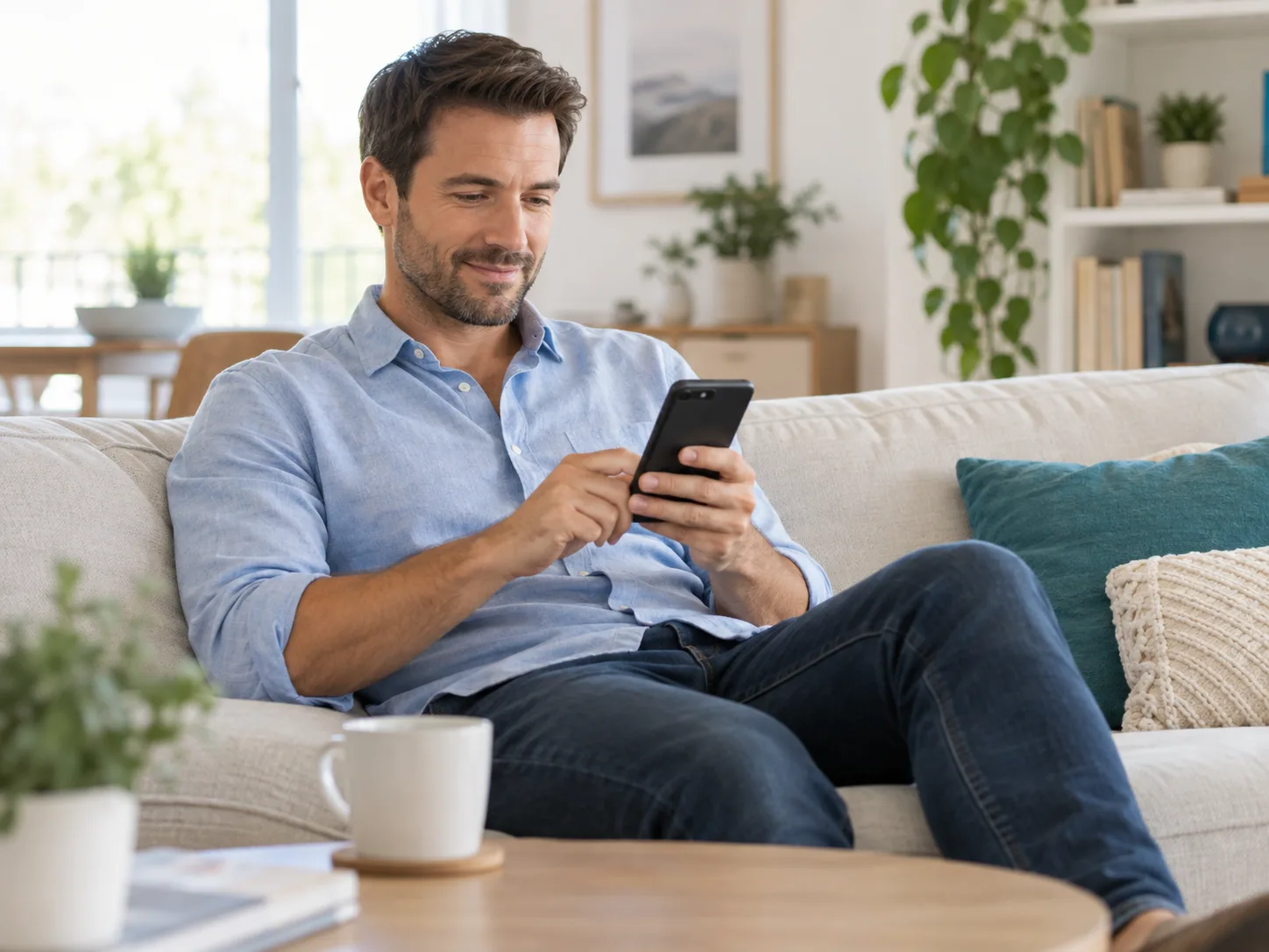 Man browsing on his smartphone while sitting on a sofa at home